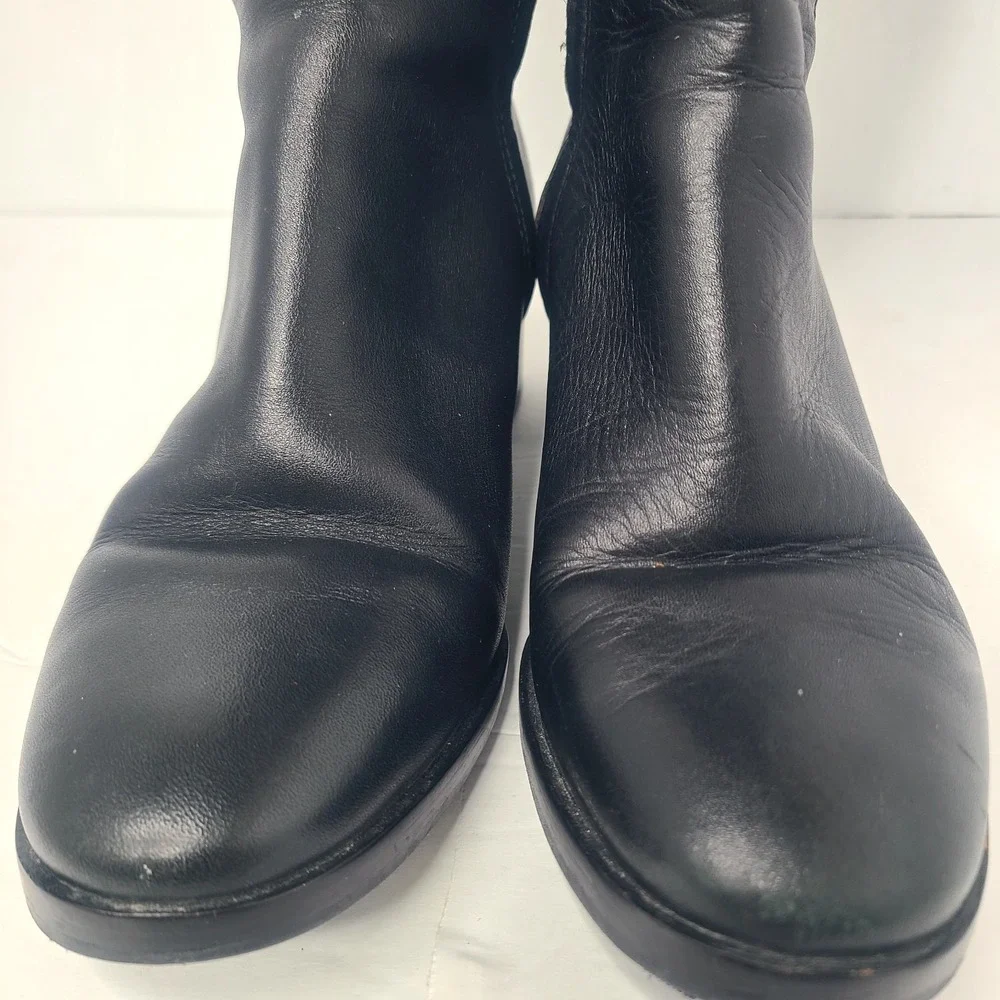 Tory Burch Black Leather Riding Boots Gold Buckle Tall Chic Equestrian 7.5 M